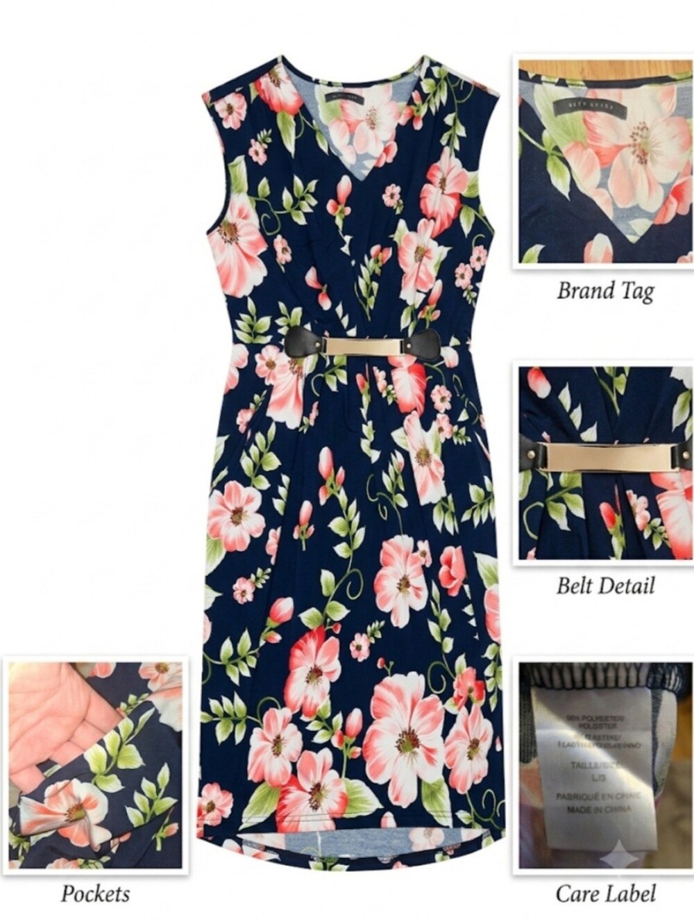 Suzy Shier  Navy Floral Dress with Pink Blossoms